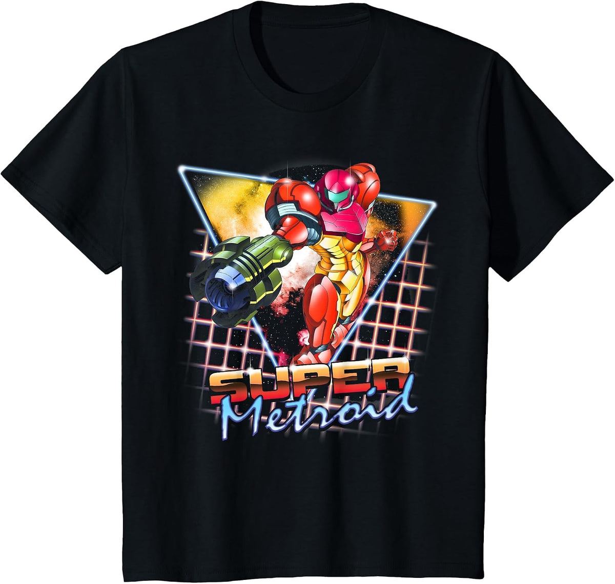 Nintendo Super Metroid Samus Grid Neon Chrome Poster T-Shirt - Black