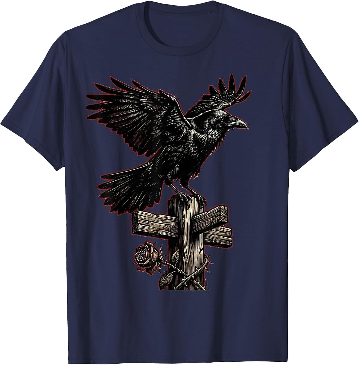 Crow Perched on Old Wooden Signpost Design T-Shirt - Navy Blue