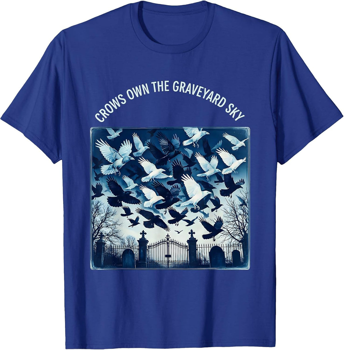 Men's Crows Own the Graveyard Sky Gothic Halloween Design T-Shirt - Royal Blue