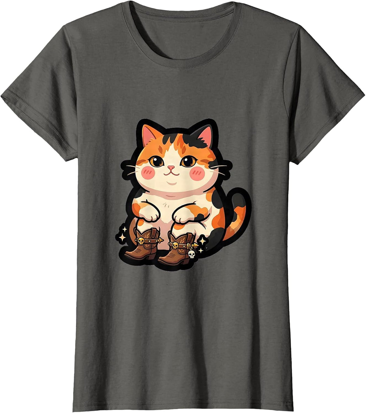 Women's Meowboys Calico Cat Cowboy Boots Spurs Porch T-Shirt - Asphalt Grey