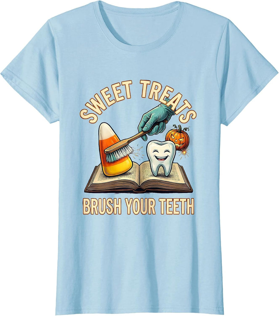 Women's Sweet Treats Brush Your Teeth Playful Dental Humor Halloween T-Shirt - Baby Blue
