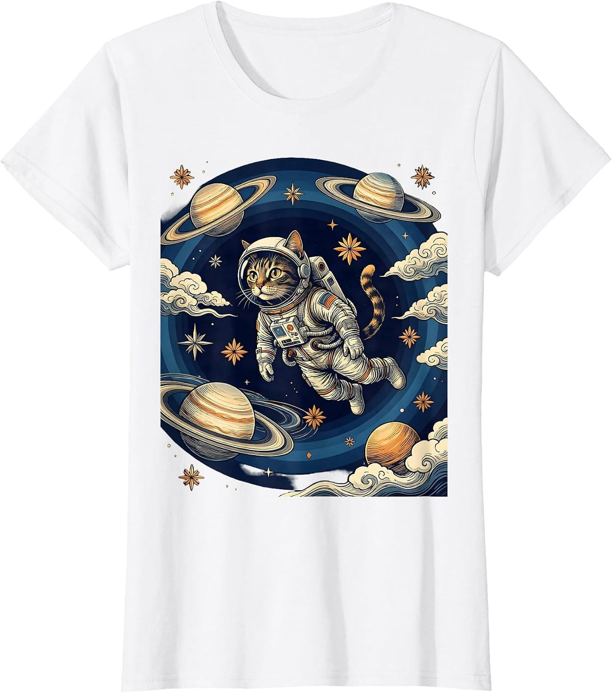 Women's Cat Astronaut Floating in Outer Space Illustration T-Shirt - White