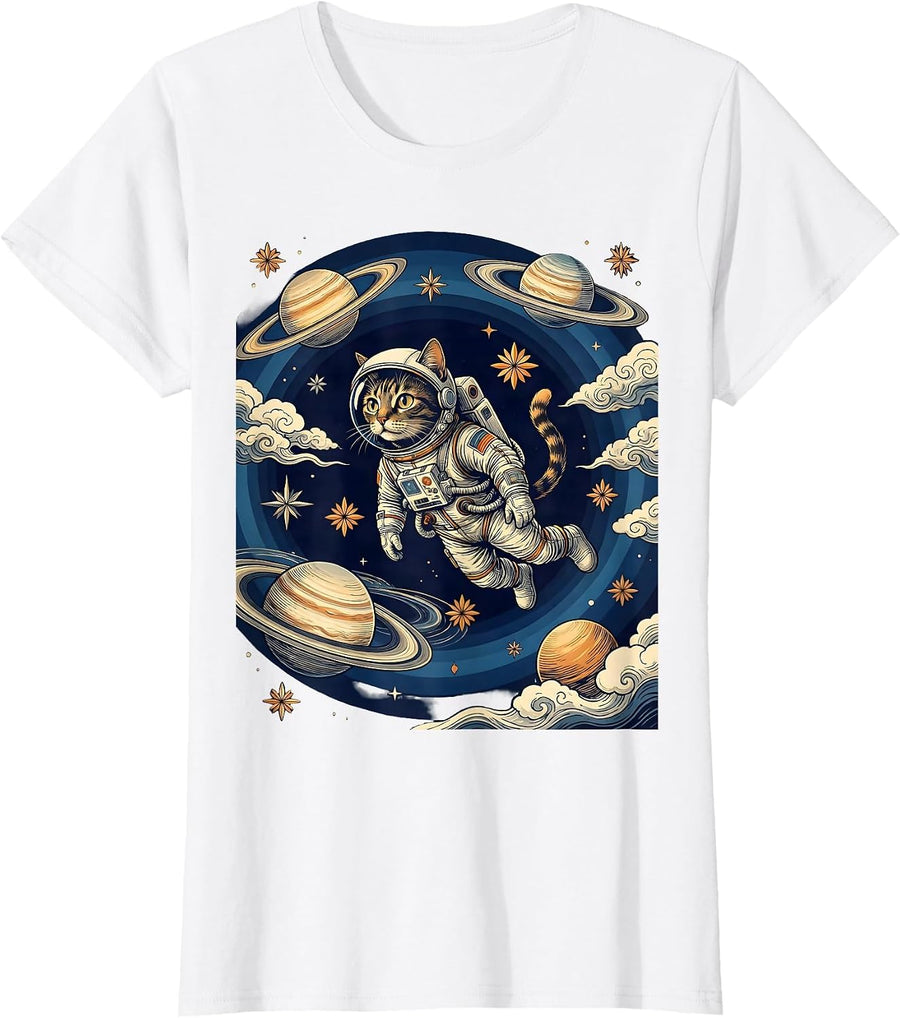 Women's Cat Astronaut Floating in Outer Space Illustration T-Shirt - White
