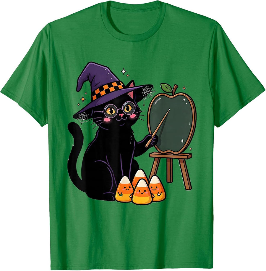 Men's Bespectacled Cat Teacher Cute Halloween Preschool Costume T-Shirt - Kelly Green