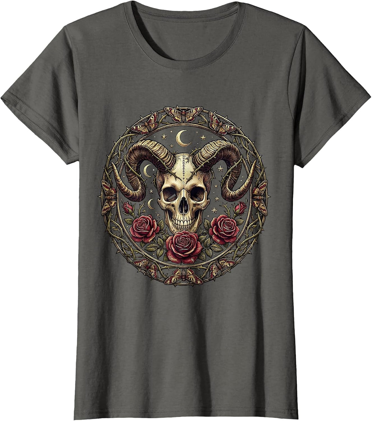 Women's Skull Ram Horns and Roses Gothic Dark Art Design T-Shirt - Asphalt Grey