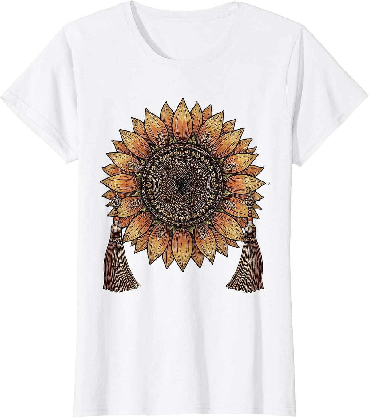 Sunflower Tassel Earrings Summer Boho Floral Design T-Shirt - White
