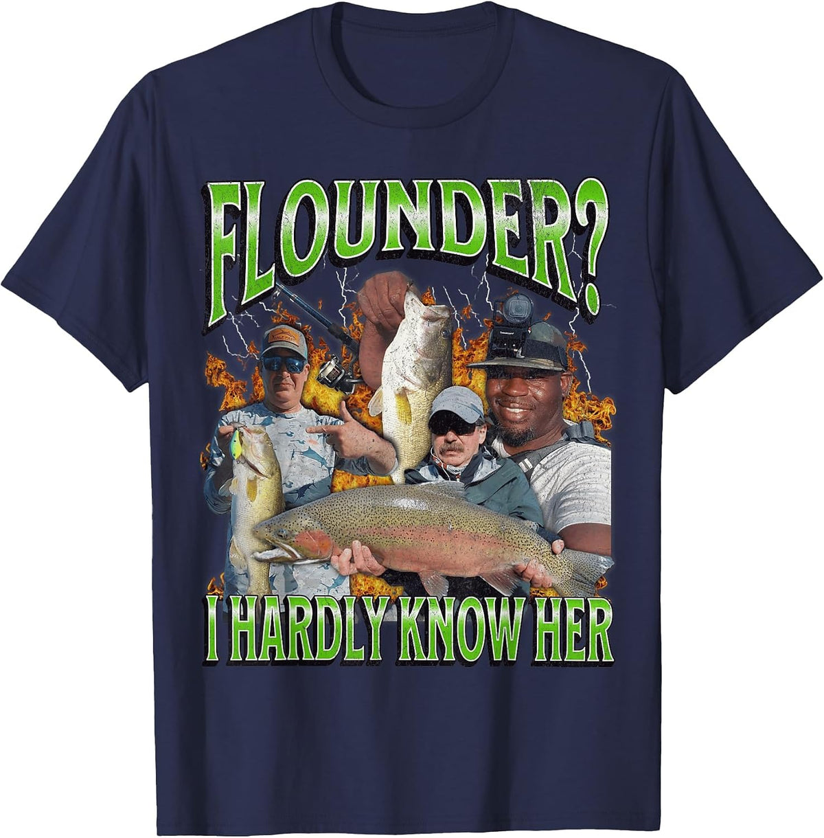 Flounder? I Hardly Know Her Funny Fishing Bootleg Graphic T-Shirt - Navy Blue