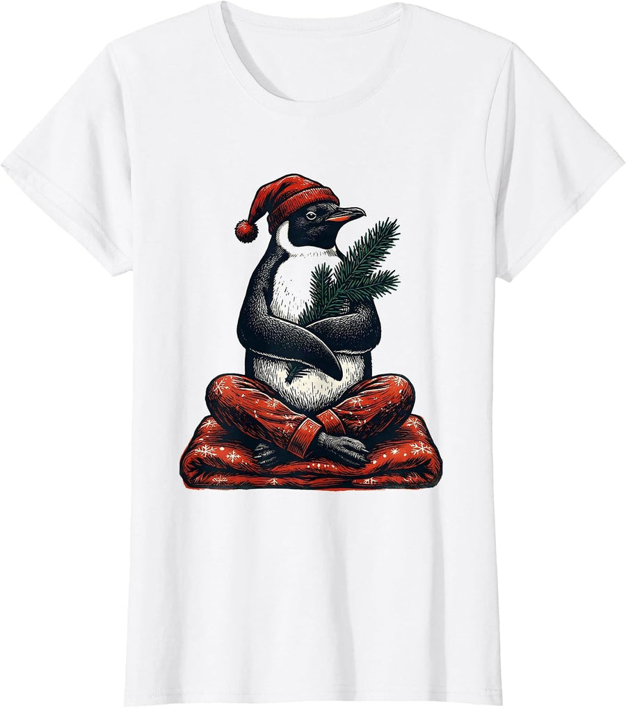 Women's Penguin on Pajama Blanket Wood Type Letterpress Christmas T-Shirt - White
