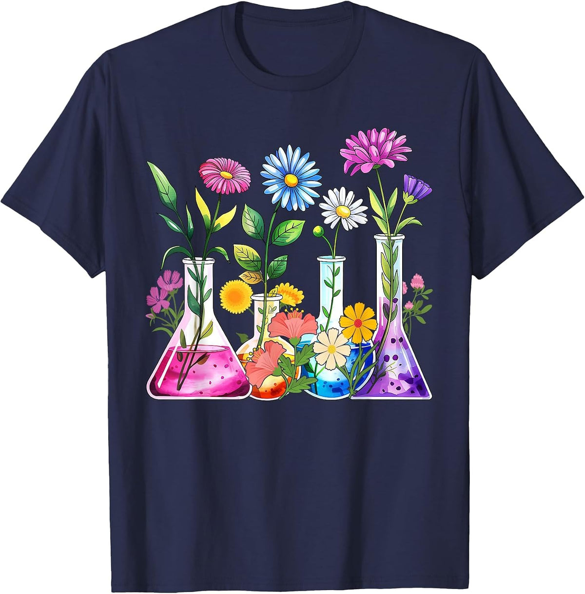Floral Beakers Laboratory Chemistry Lab Scientist Lab Tech T-Shirt - Navy Blue