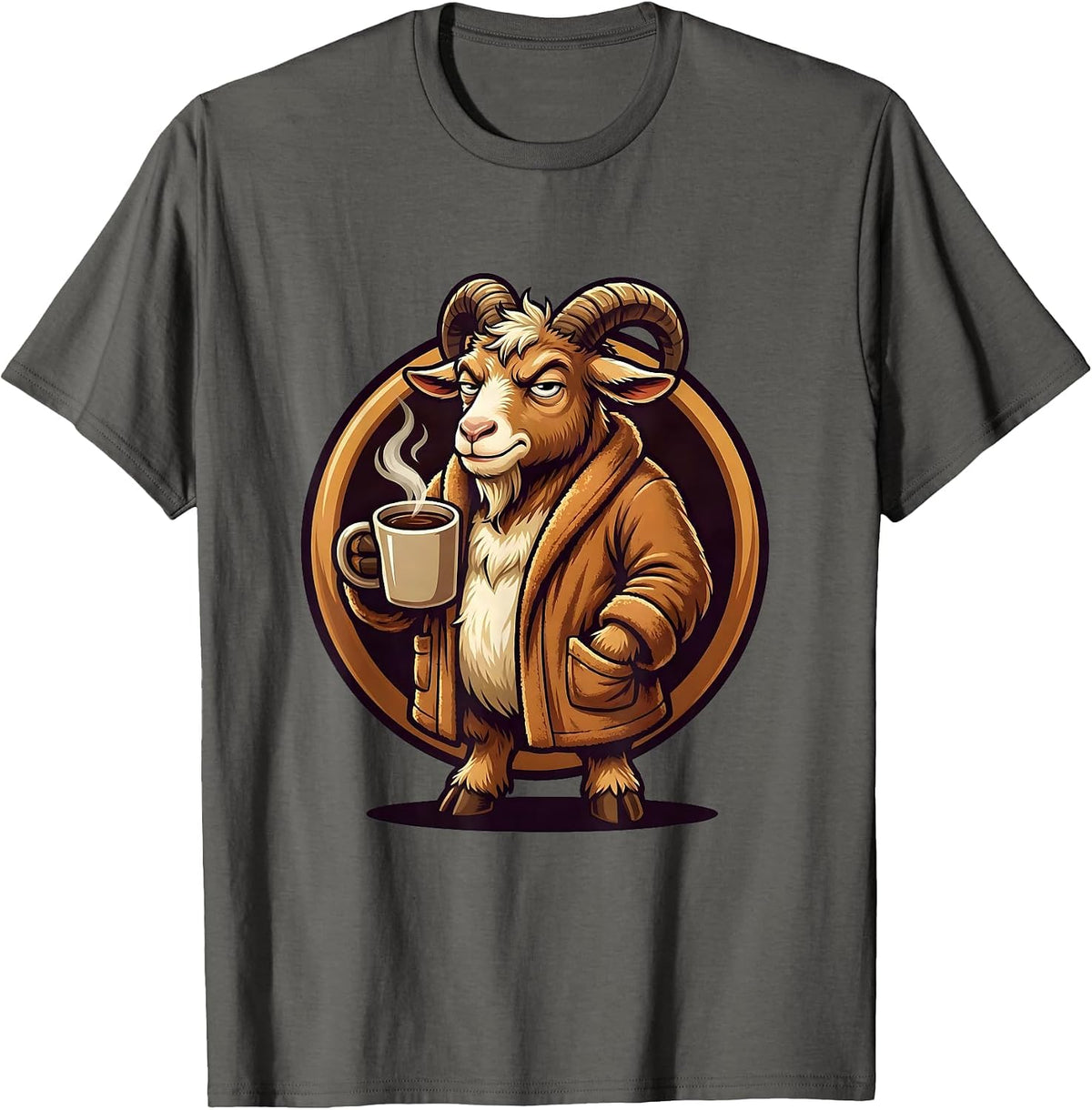 Men's Goat in Bathrobe Morning Coffee Funny Illustration T-Shirt - Asphalt Grey