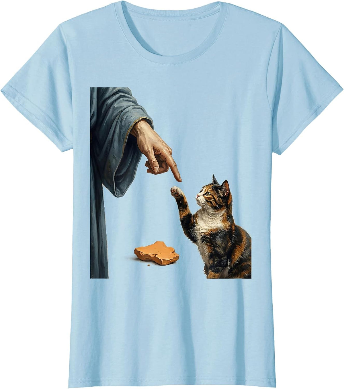 Women's Cat God Creation of Adam Parody Funny Cat Lover Gift T-Shirt - Baby Blue