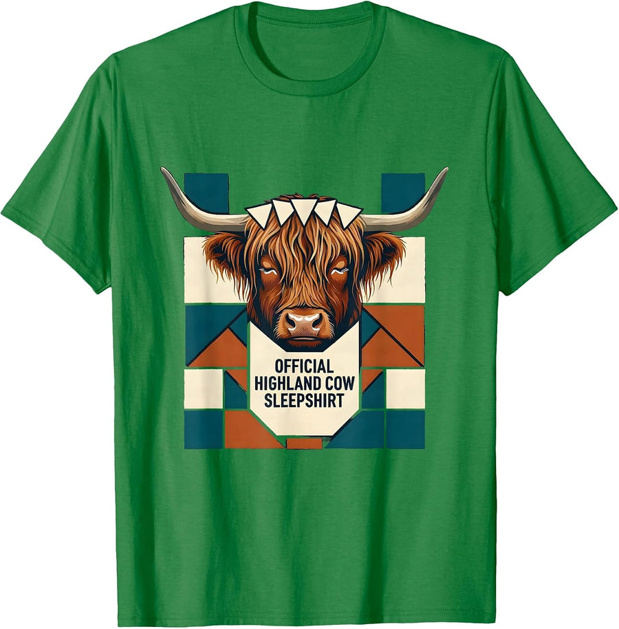 Men's Official Highland Cow Sleepshirt Cozy Quilt Block Patchwork T-Shirt - Kelly Green