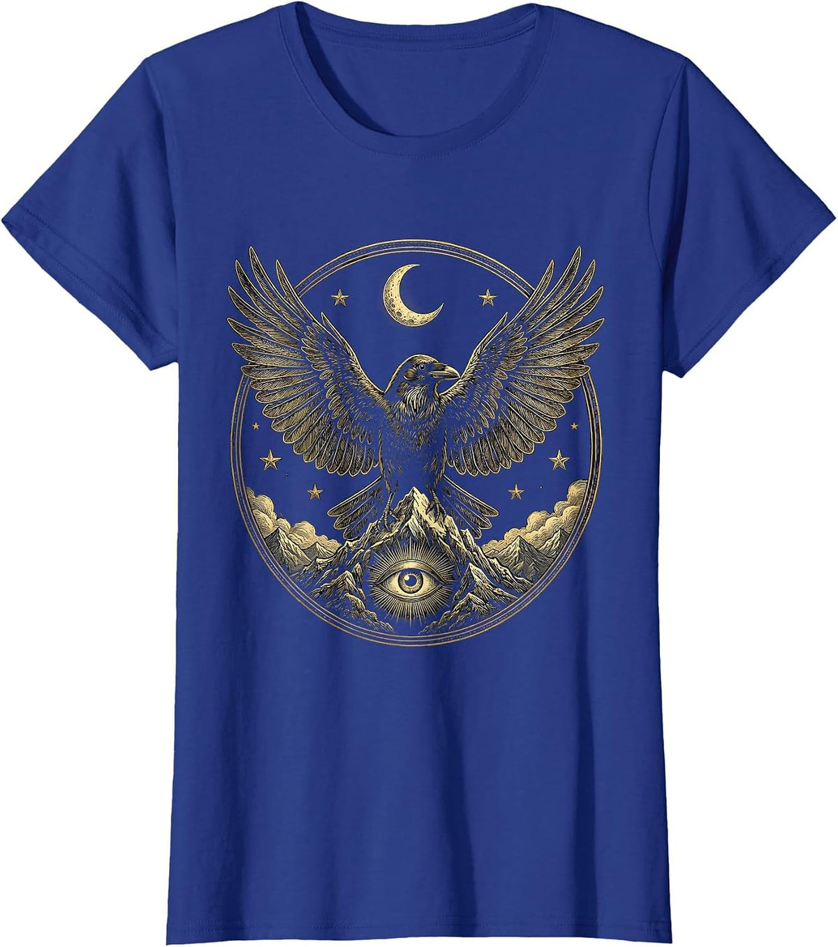 Women's Crow Wings Wide Over Mountain Peak Illustration T-Shirt - Royal Blue