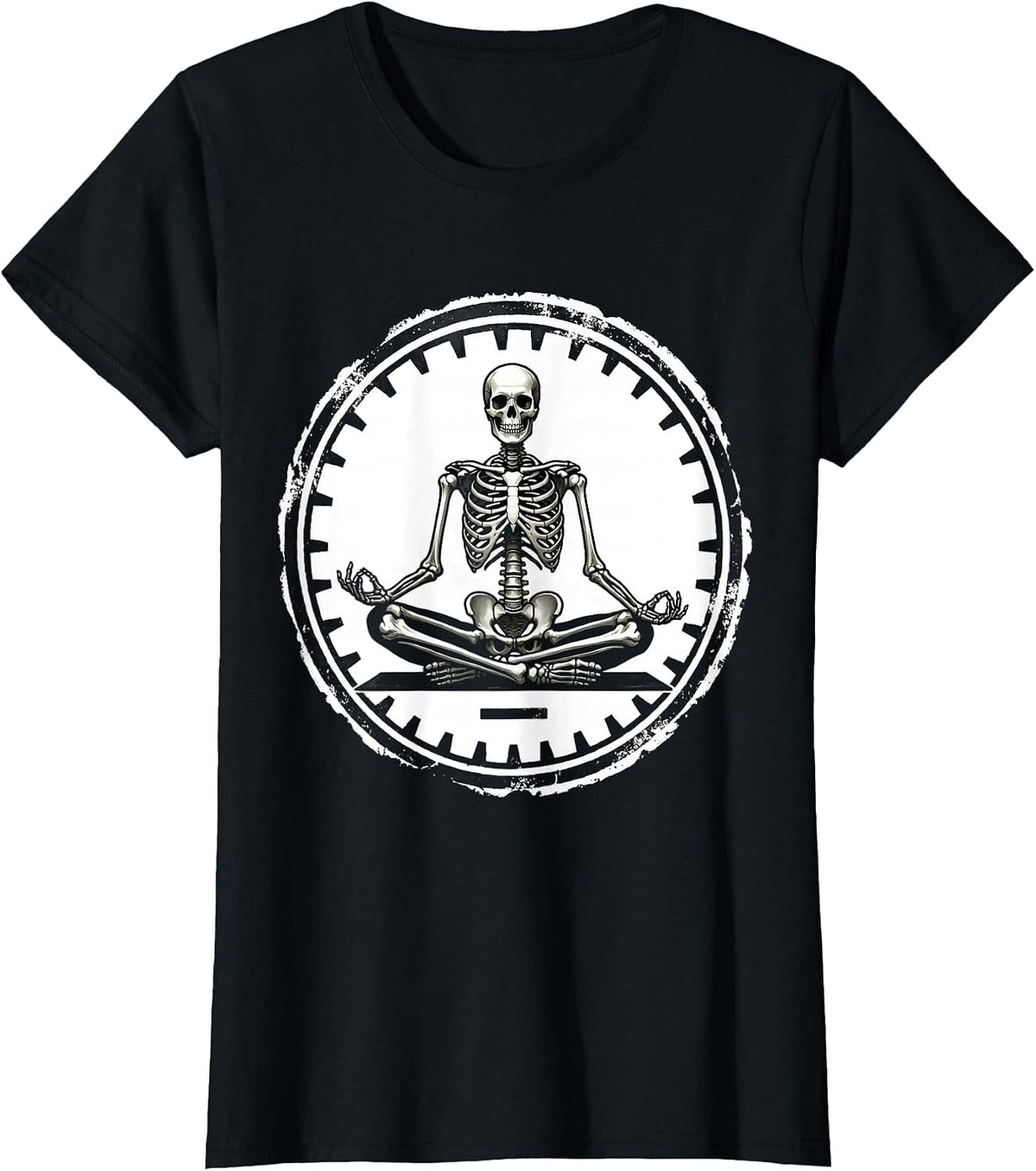 Women's Skeleton Seal Yoga Stamp Dark Humor T-Shirt - Black