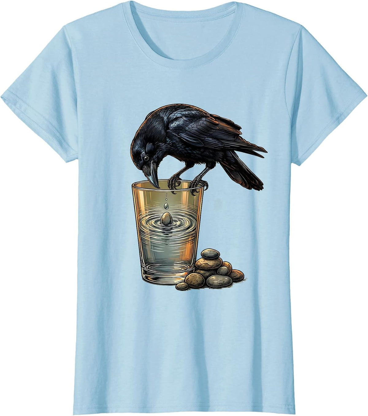 Crow Dropping Stone Into Glass Illustration T-Shirt - Baby Blue