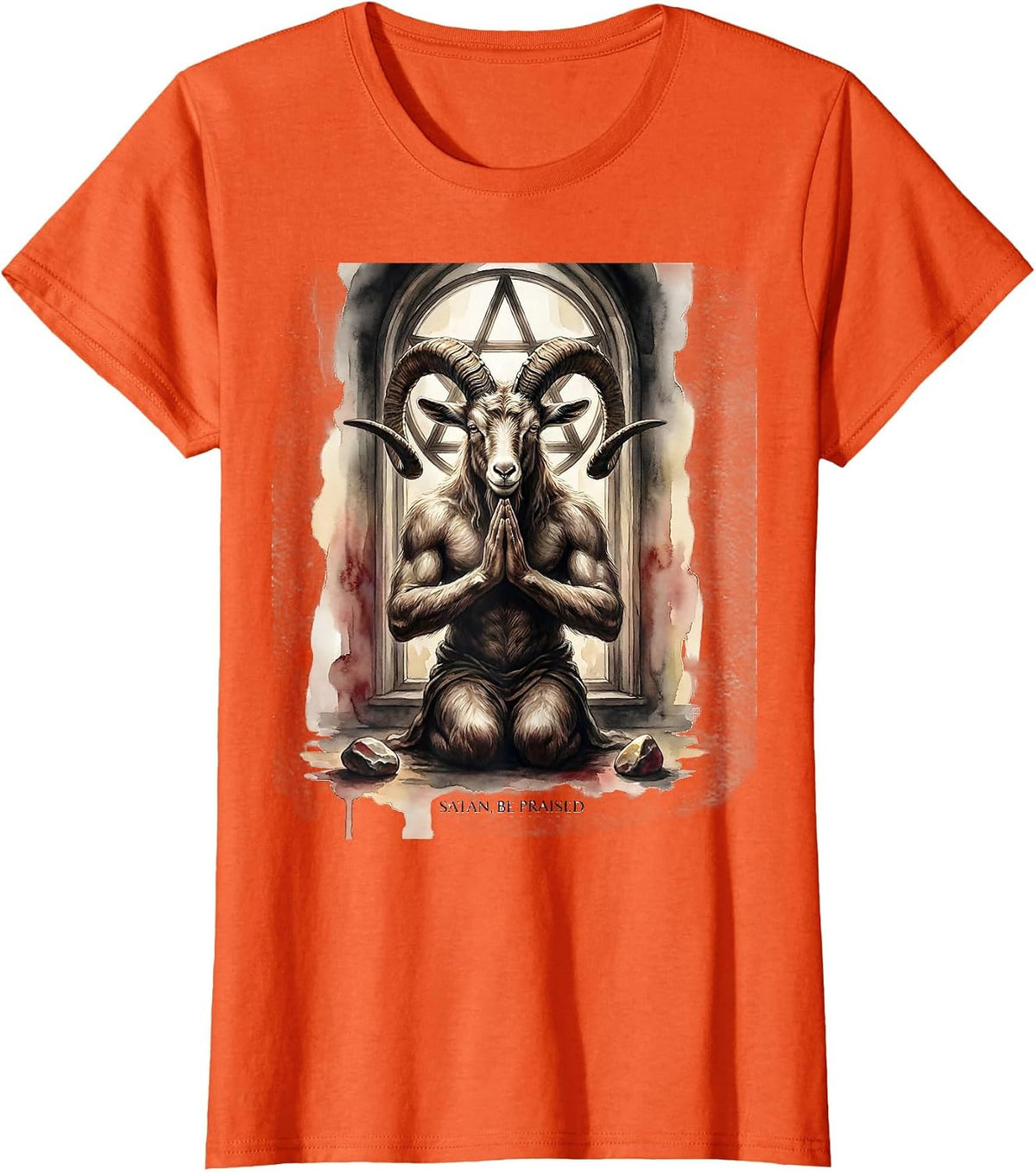 Satan Be Praised Watercolor Baphomet Occult Goth Symbol T-Shirt - Orange