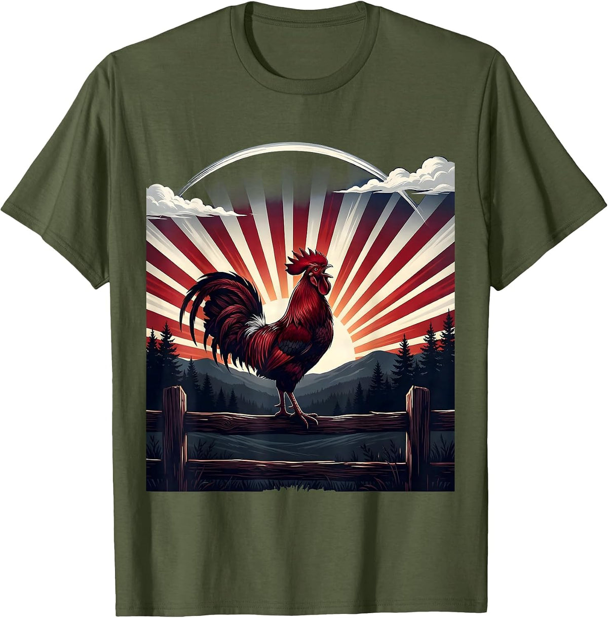 Rooster Crowing at Sunrise Red Sky Illustration T-Shirt - Olive Green