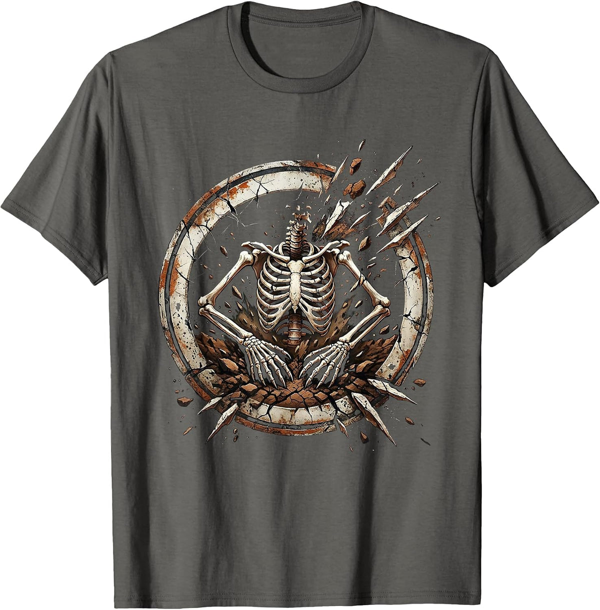 Grave Digger Skeleton Rising From Cracked Earth T-Shirt - Asphalt Grey