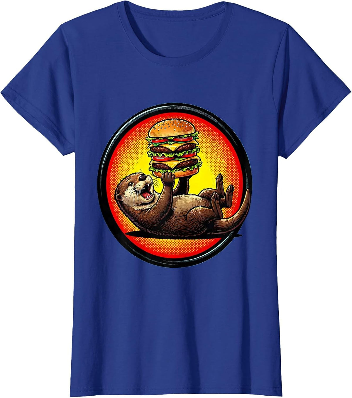 Women's Otter Floating and Eating Hamburger Funny Design T-Shirt - Royal Blue