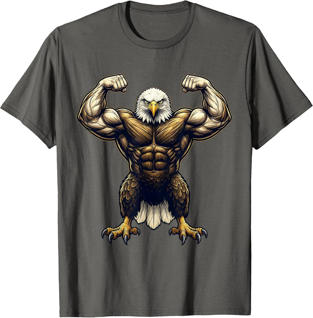 Bald Eagle Flexing Huge Muscles Funny Graphic T-Shirt - Asphalt Grey