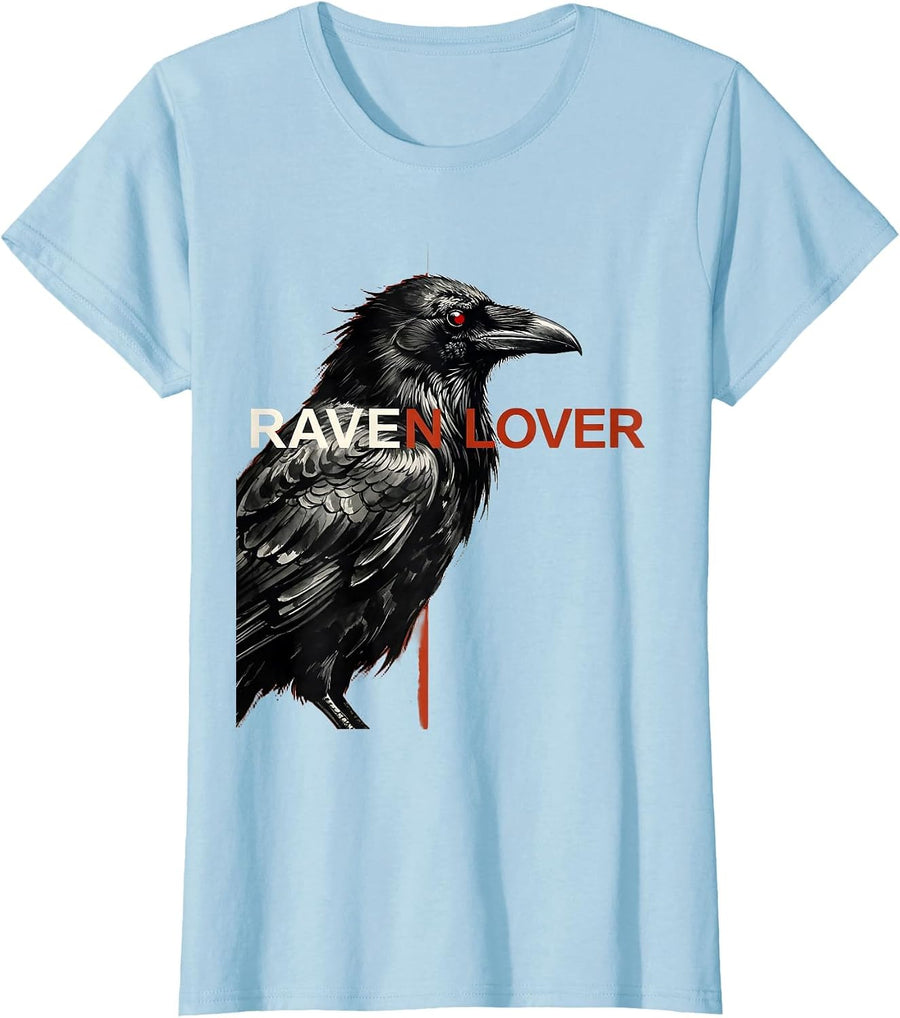 Women's Raven Lover Gothic Bird Art Dark Nature Enthusiast T-Shirt - Baby Blue