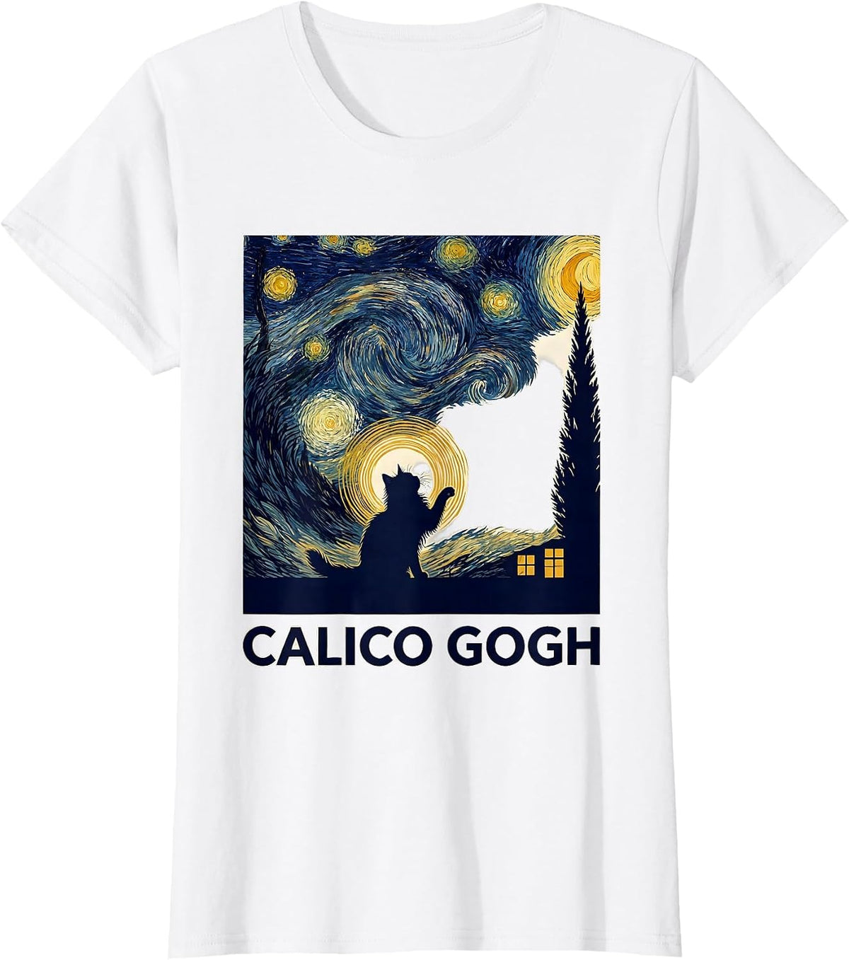 Women's Calico Gogh Silhouette Cat Lover Van Gogh Art Parody T-Shirt - White