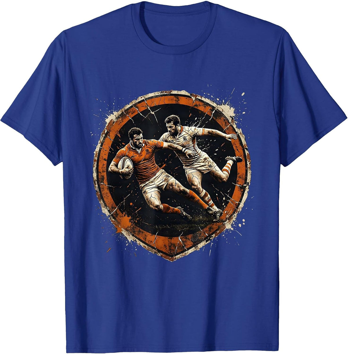 Rugby Mid-Air Collision Graphic Design T-Shirt - Royal Blue