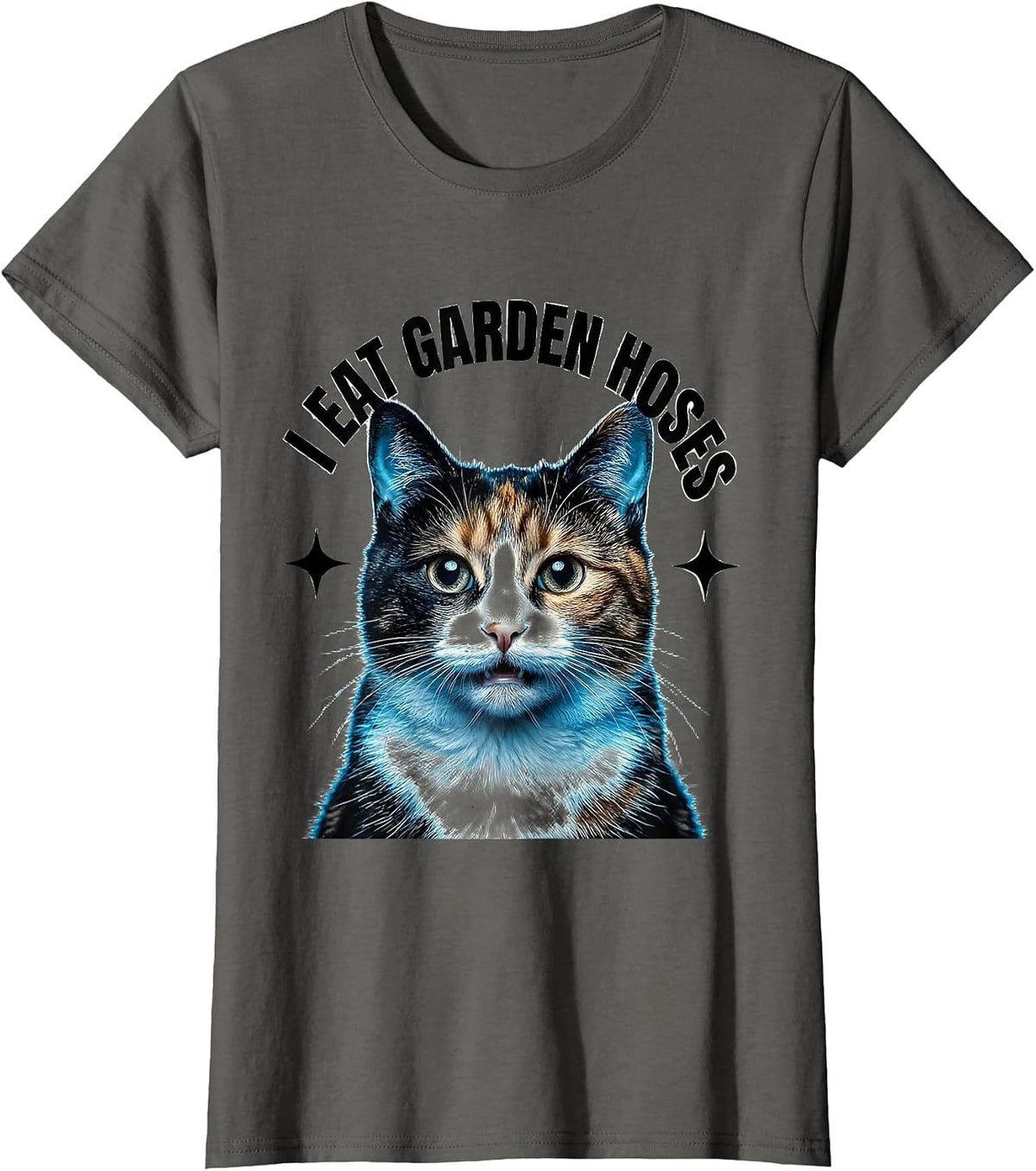Women's I Eat Garden Hoses Funny Cat Meme Bootleg Graphic T-Shirt - Asphalt Grey