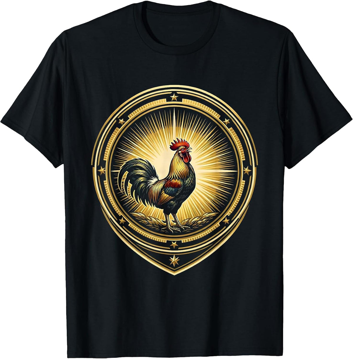 Men's Rooster Crowing at Sunrise Graphic Design T-Shirt - Black