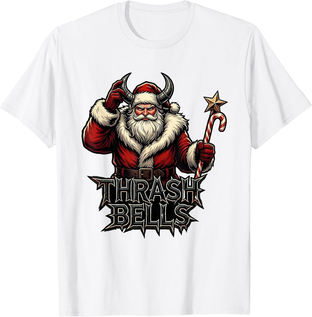 Men's Thrash Bells Heavy Metal Santa Parody Rocker Holiday T-Shirt - White
