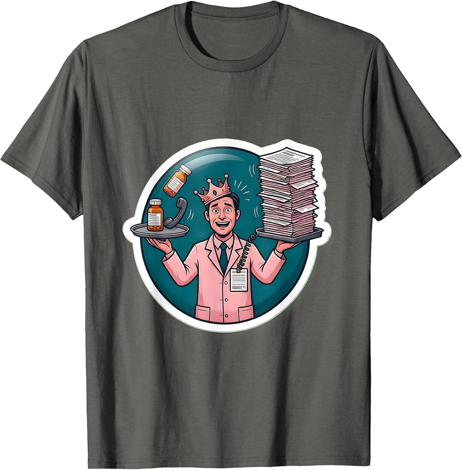 Pharmacy Tech Badge Humor Sticker Style T-Shirt - Asphalt Grey