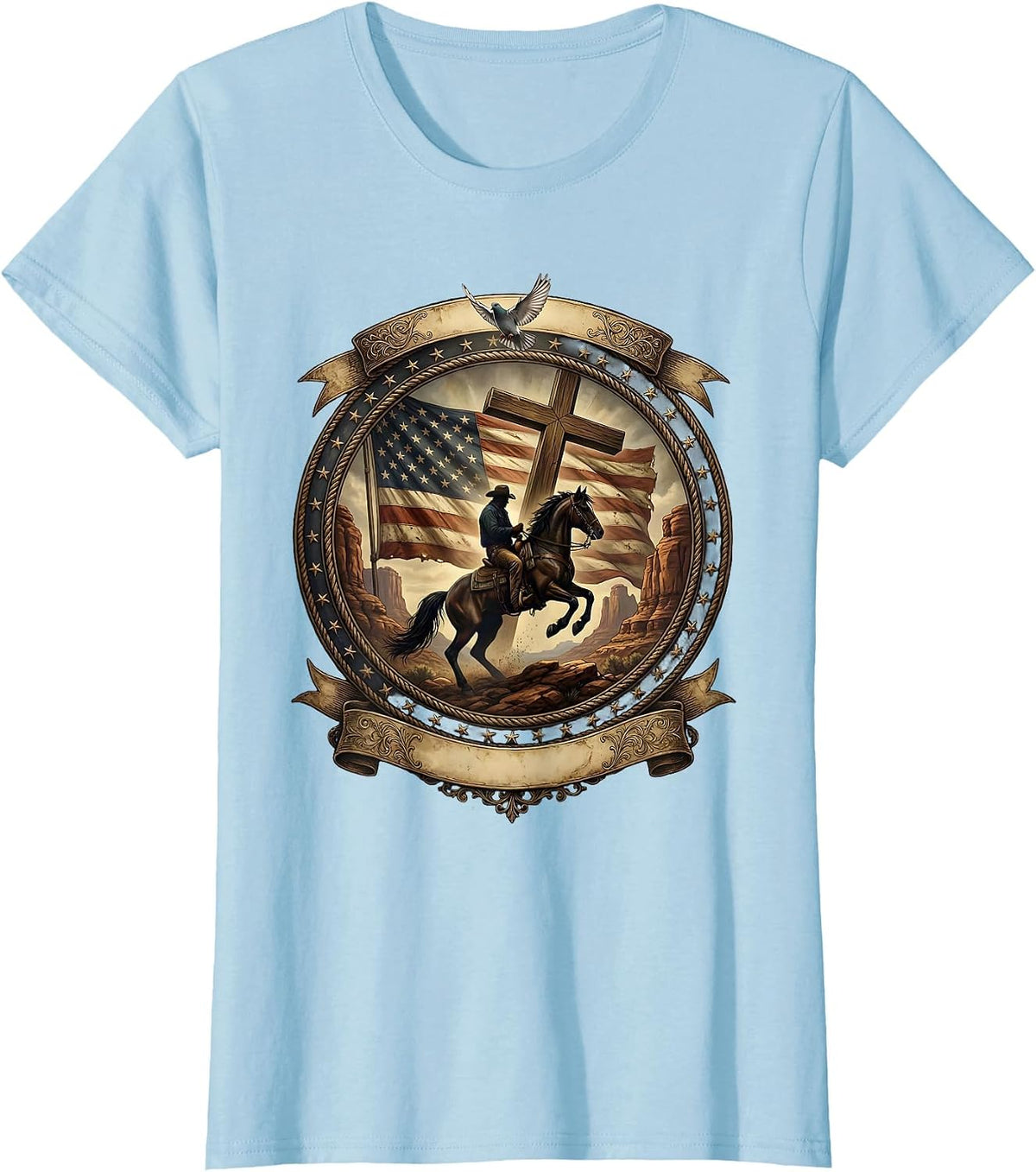 Cowboy Riding Horse Through Dusty Canyon T-Shirt - Baby Blue