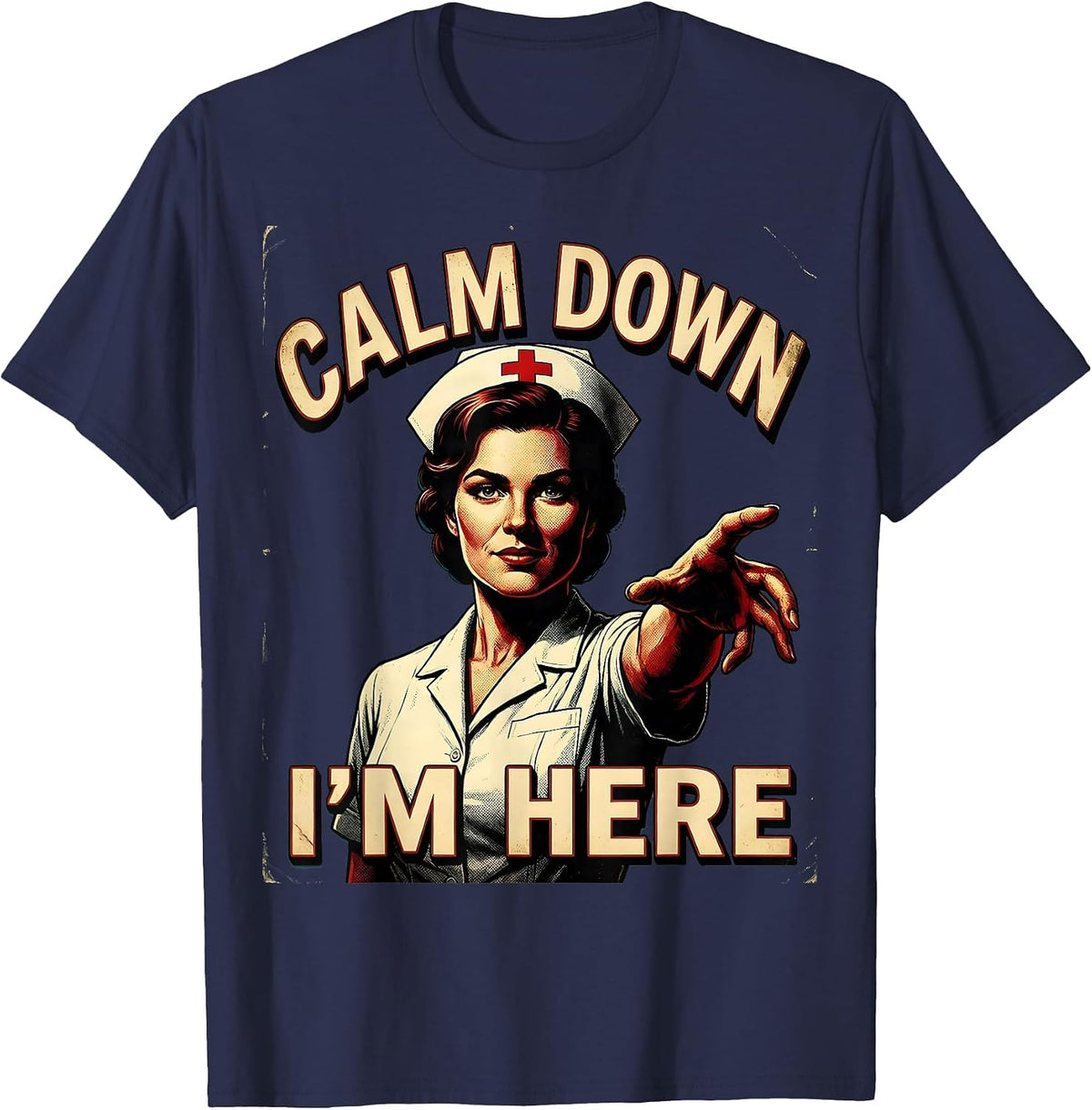 Men's Calm Down I'm Here School Nurse Design T-Shirt - Navy Blue