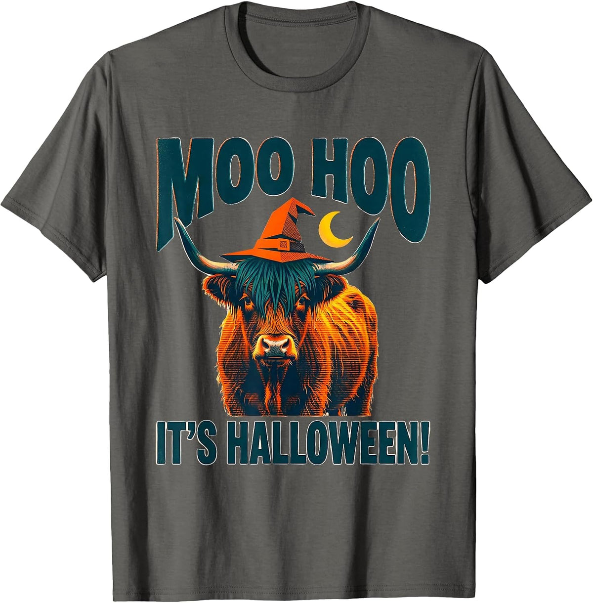 Moo Hoo, It's Halloween! Whimsical Highland Cow Fall T-Shirt - Asphalt Grey