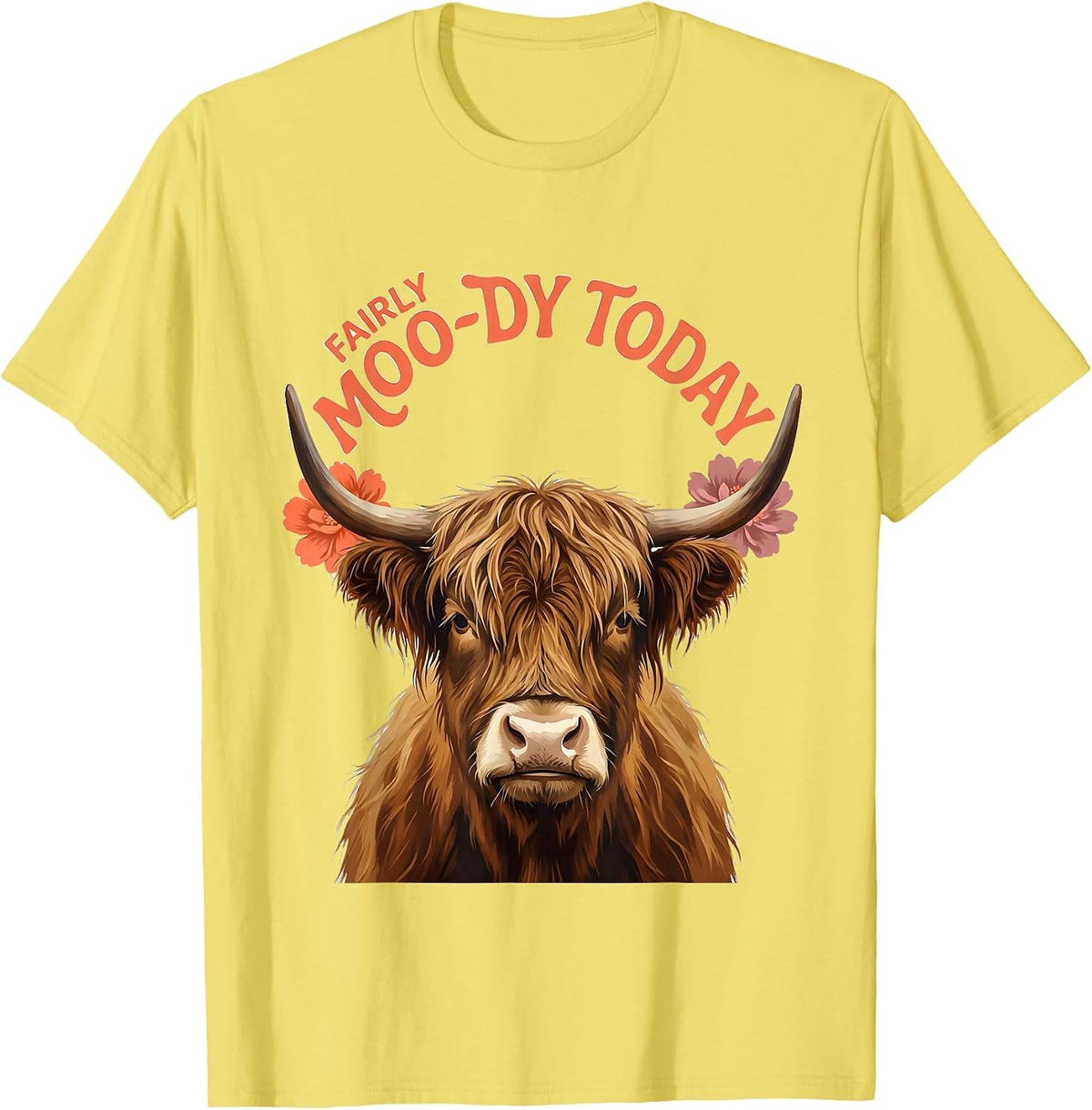 Men's Fairly Moo-dy Today Funny Highland Cow Floral Humor T-Shirt - Lemon Yellow
