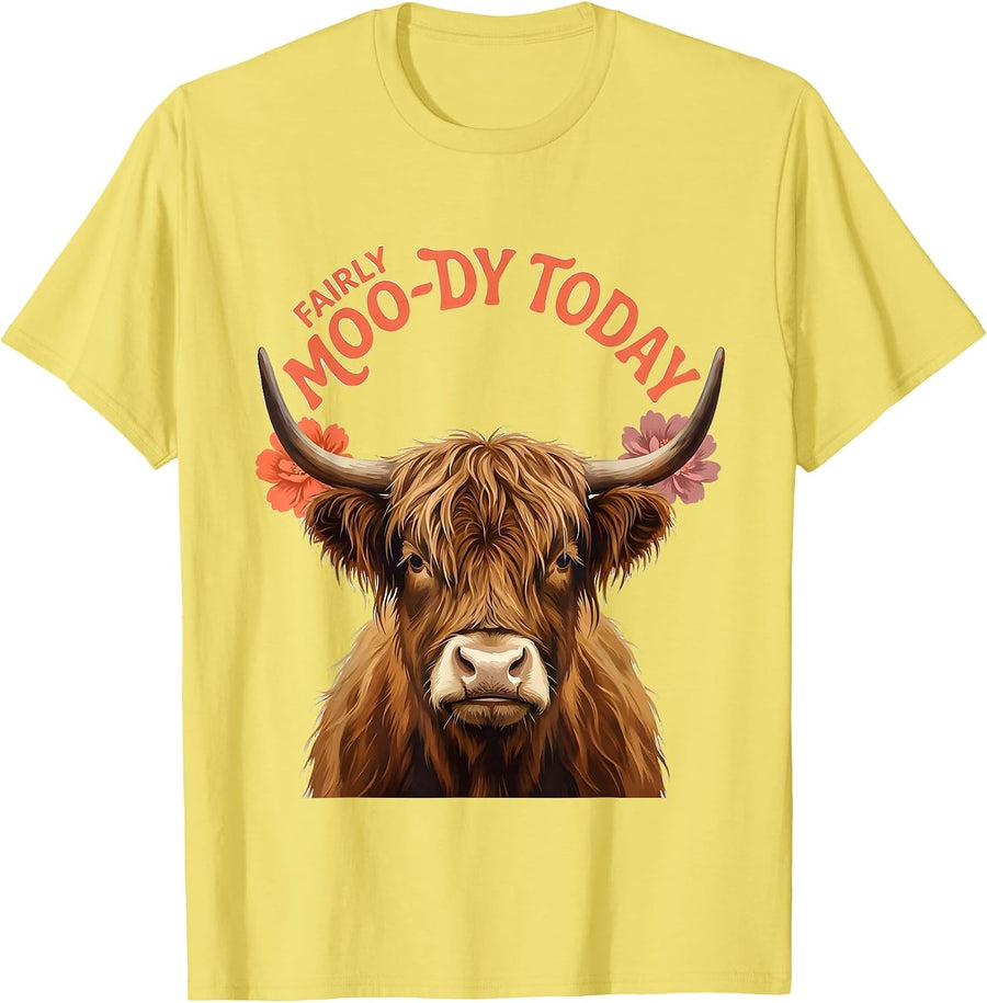Men's Fairly Moo-dy Today Funny Highland Cow Floral Humor T-Shirt - Lemon Yellow
