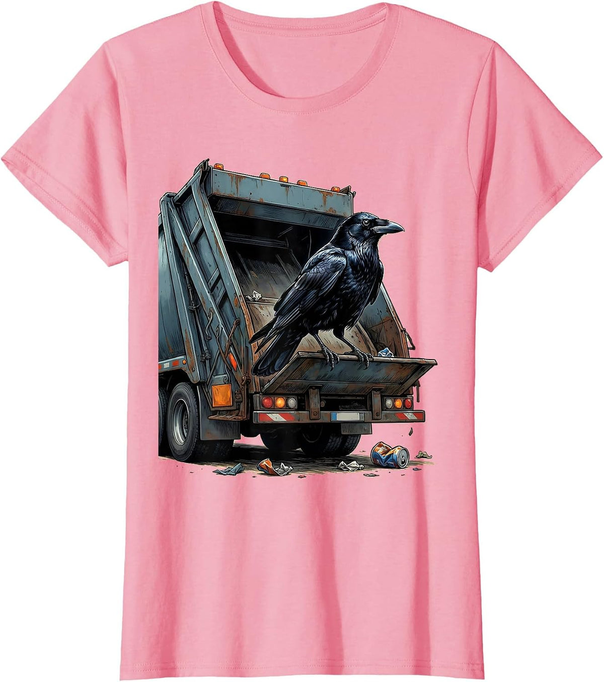 Women's Crow on Trash Truck Tailgate Graphic Tee T-Shirt - Pink