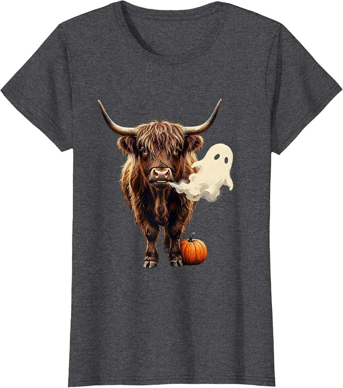 Women's Shaggy Highland Cow Ghost Pumpkin Spooky Halloween Humor T-Shirt - Dark Heather Grey