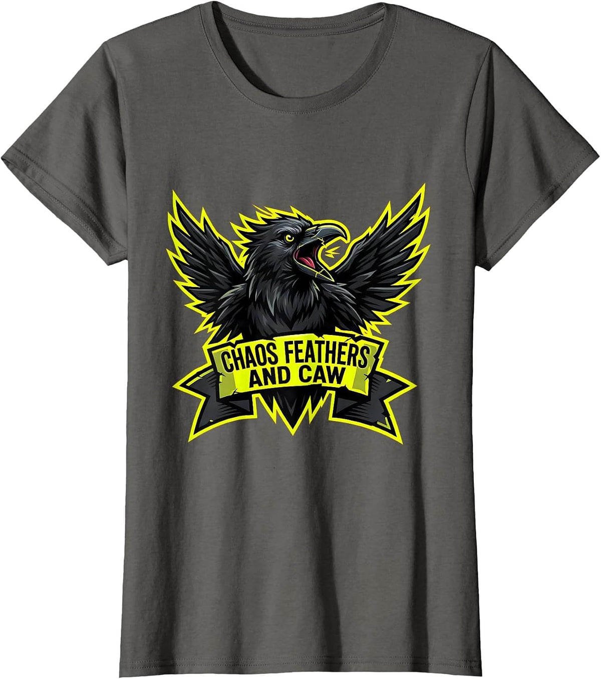 Women's Chaos Feathers and Caw Crow Design T-Shirt - Asphalt Grey