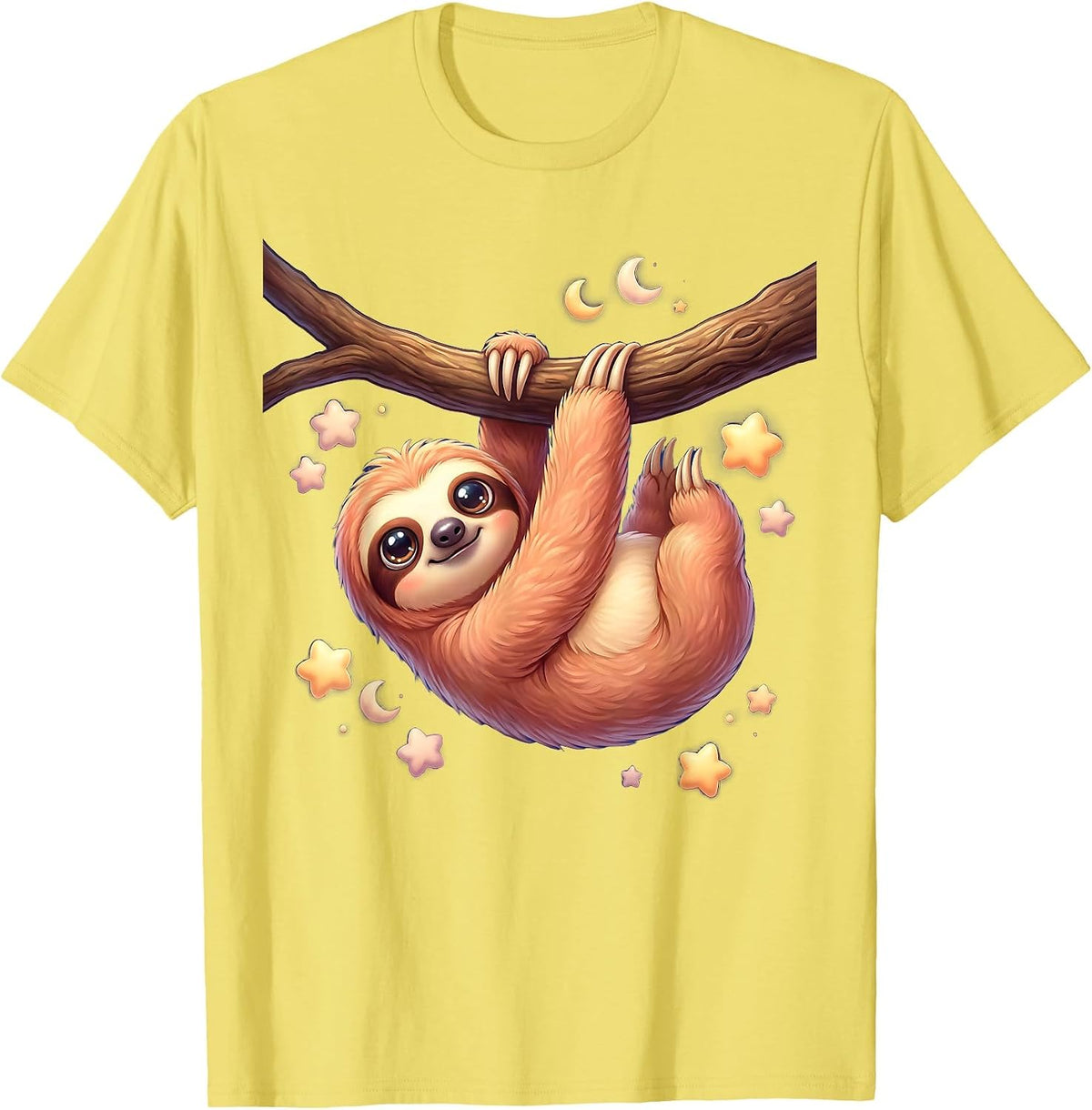 Men's Sloth Hanging From Branch Under Starry Night Sky T-Shirt - Lemon Yellow