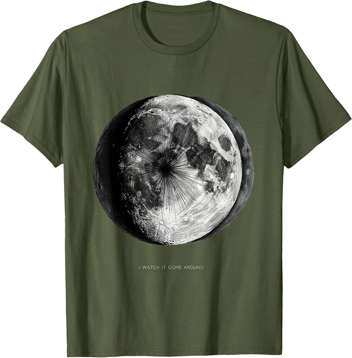 Men's I Watch It Come Around Monochrome Lunar Cycle Astronomy T-Shirt - Olive Green