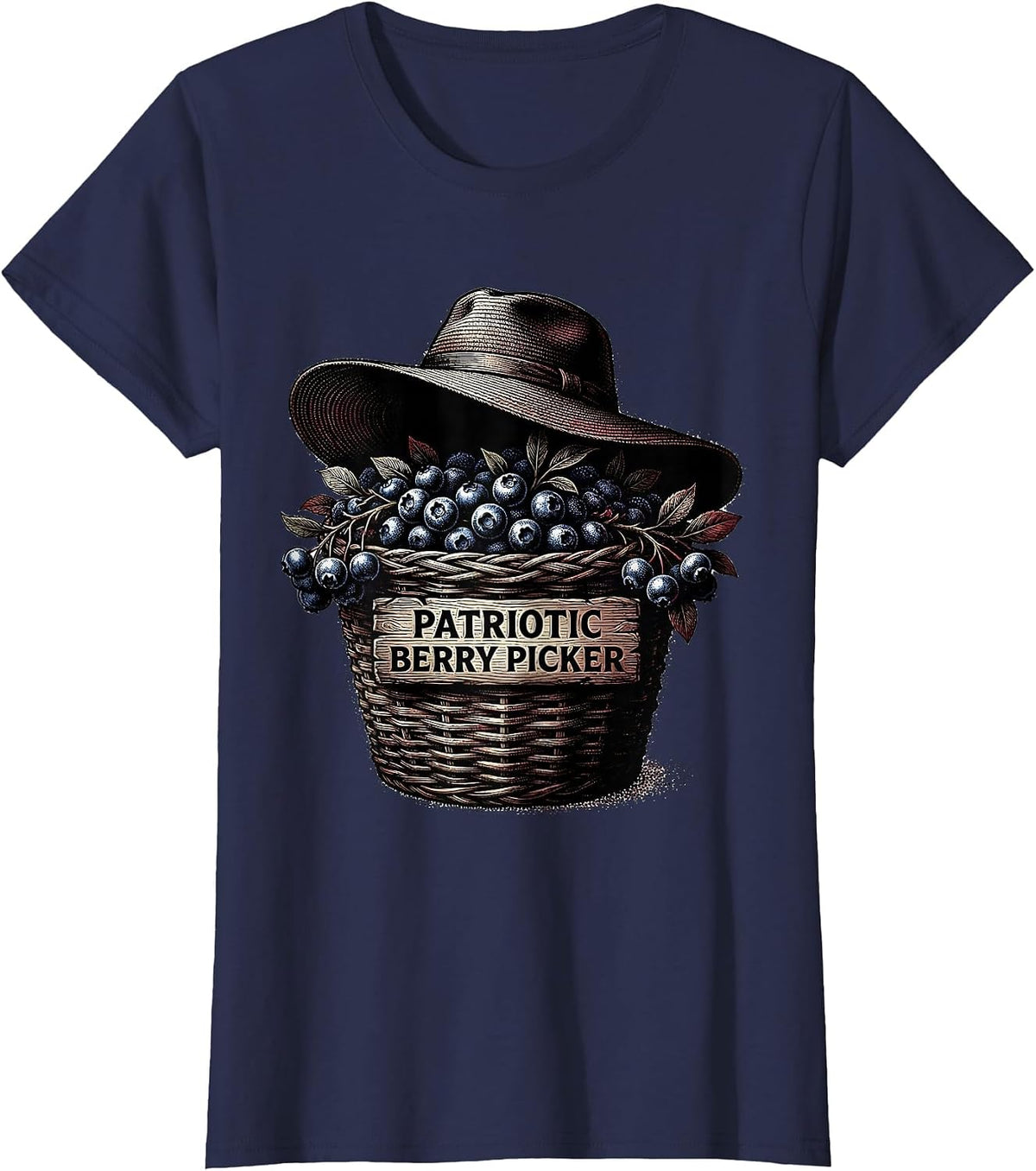 Women's Red White and Blueberries Patriotic Berry Picker T-Shirt - Navy Blue