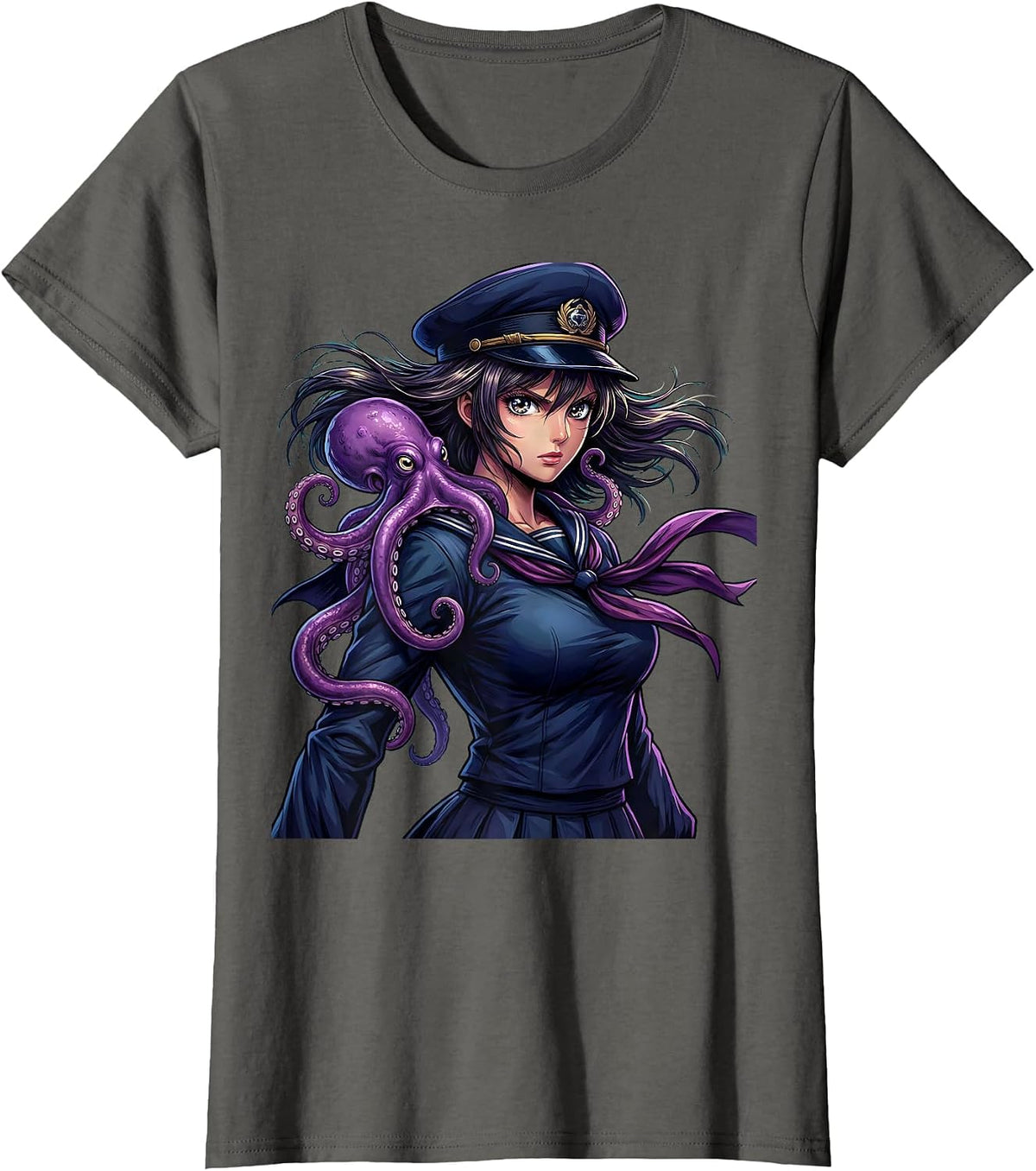 Women's Sailor Woman With Octopus Companion Illustration T-Shirt - Asphalt Grey