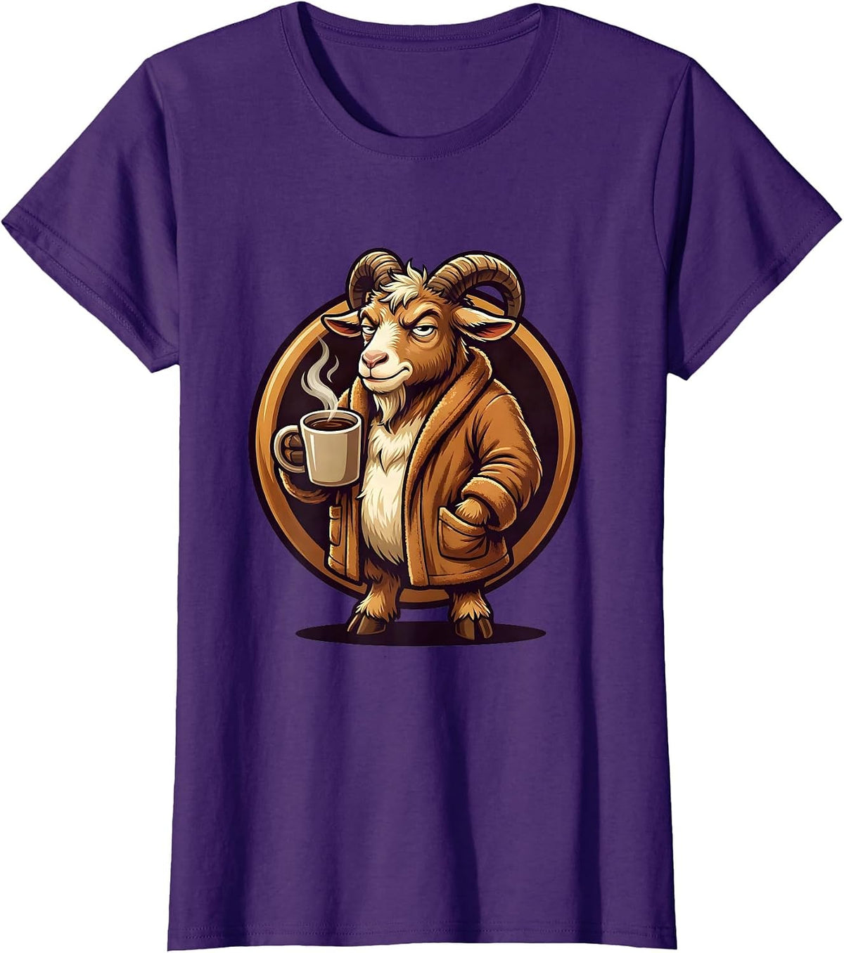 Women's Goat in Bathrobe Morning Coffee Funny Illustration T-Shirt - Purple