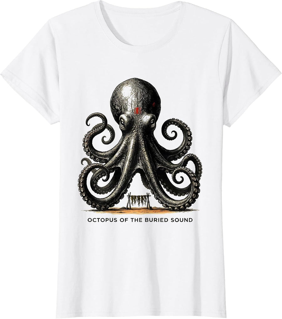 Women's Octopus of the Buried Sound Monochromatic Japanese Aesthetic T-Shirt - White