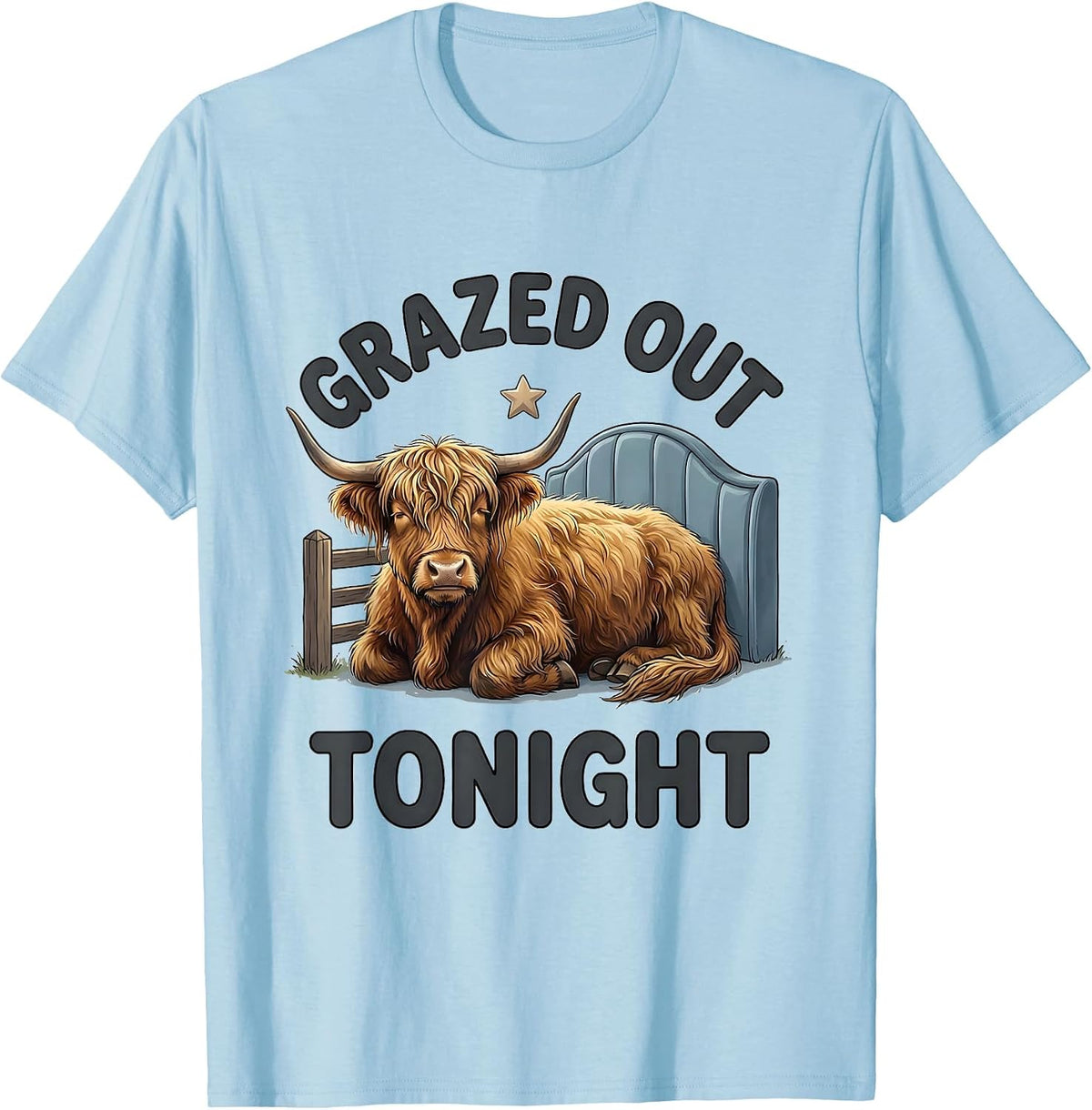 Men's Grazed Out Tonight Soft Cartoon Highland Cow Sleepwear Humor T-Shirt - Baby Blue