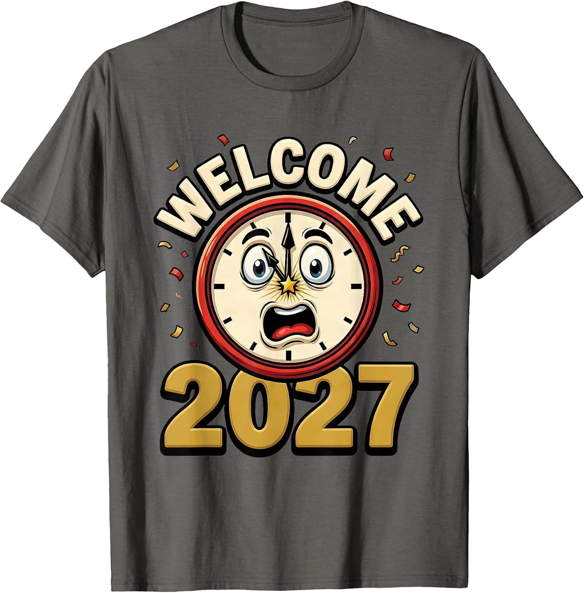 Welcome 2027 Cartoon New Year Eve Party Countdown Novelty T-Shirt - Asphalt Grey