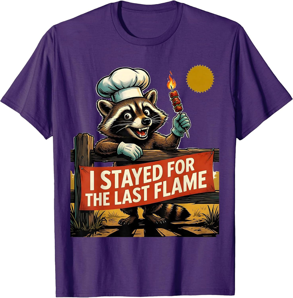 I Stayed For The Last Flame Retro Chef Raccoon BBQ Mascot T-Shirt - Purple