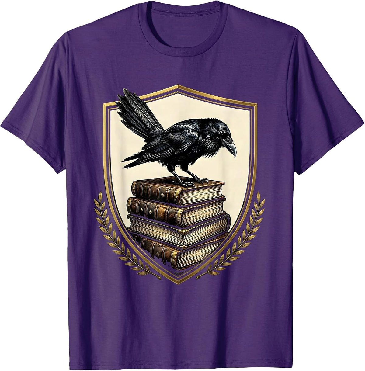 Men's Crow on Stacked Old Leather Books Illustration T-Shirt - Purple