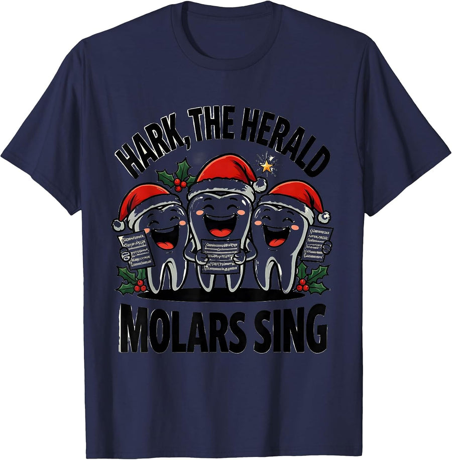 Hark, the Herald Molars Sing Funny Dentist Christmas Dental T-Shirt - Navy Blue